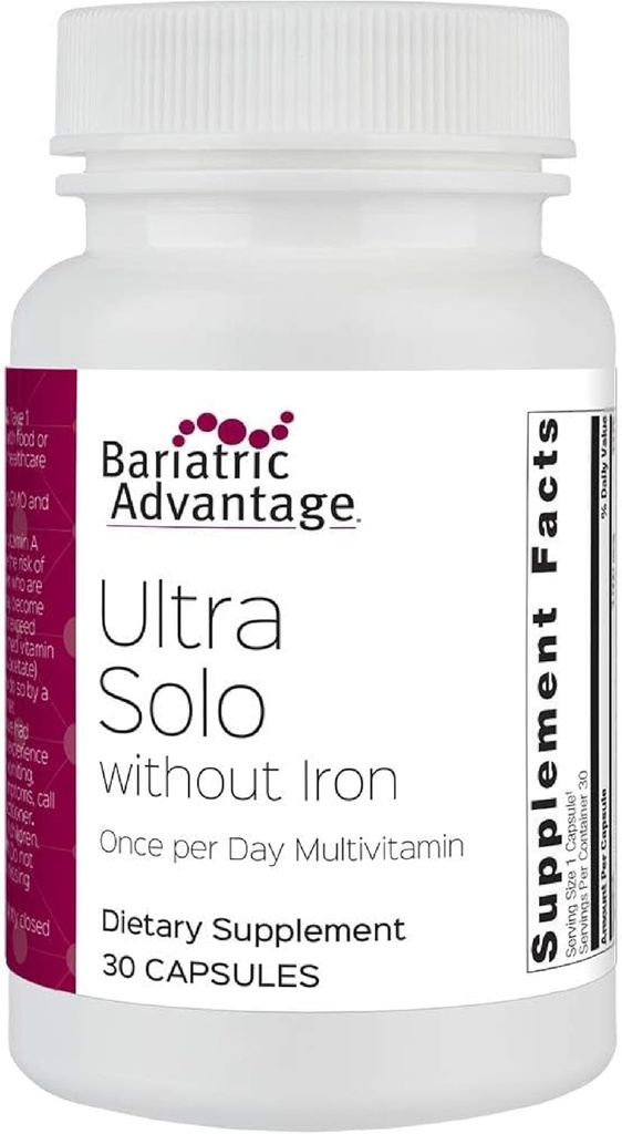 Avantage bariatrique Ultra Solo sans fer - Multivitamine quotidienne une fois par jour - pour les patients bariatriques - avec la thiamine, la vitamine A et plus - Sans gluten - 30 capsules