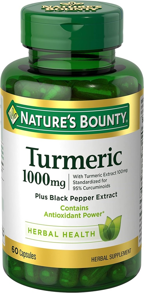 Nature's Bounty Turmeric avec extrait de poivre noir, soutient la santé antioxydante, 1000mg, 60 Capsules