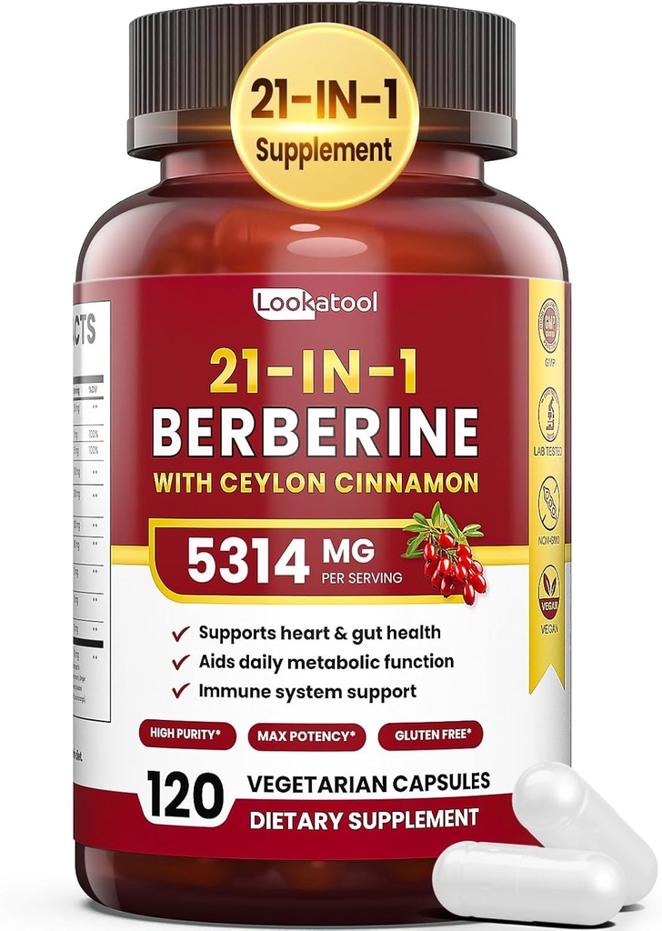 Supplément berbère 21-en-1 avec cannelle Ceylan - 1500mg Phytosome berbère biologique HCL, 5X Absorption supérieure pour le métabolisme Support 100 Capsules