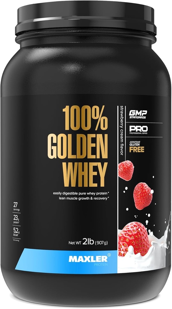 Maxler 100% Golden Whey Protein - 23g de protéines par portion - Premium Whey Protein Poudre pour pré-entraînement - Fast-Absorbing Whey Concentrate, Isolate & Hydrolysate Blend - Crème de fraise 2 lb