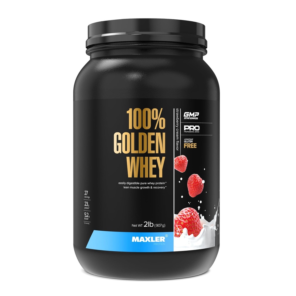 Maxler 100% Golden Whey Protein - 23g de protéines par portion - Premium Whey Protein Poudre pour pré-entraînement - Fast-Absorbing Whey Concentrate, Isolate & Hydrolysate Blend - Crème de fraise 2 lb