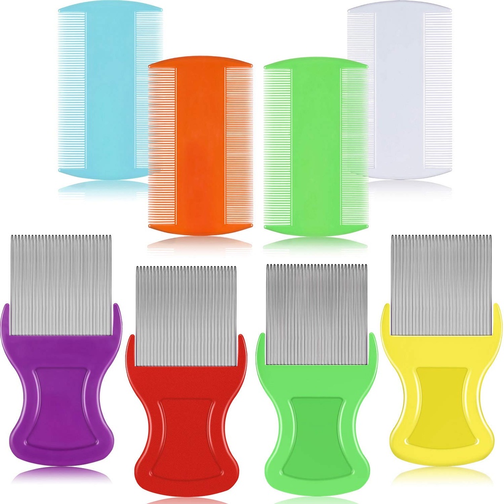 Maitys 8 pièces Peignes à Lice Flea Peignes à Lice et Nit à double face Peigne en plastique et métal pour animaux humains (3.5 x 2 pouces, 3,54 x 1,57 pouces, Orange, Bleu, Violet, Blanc)