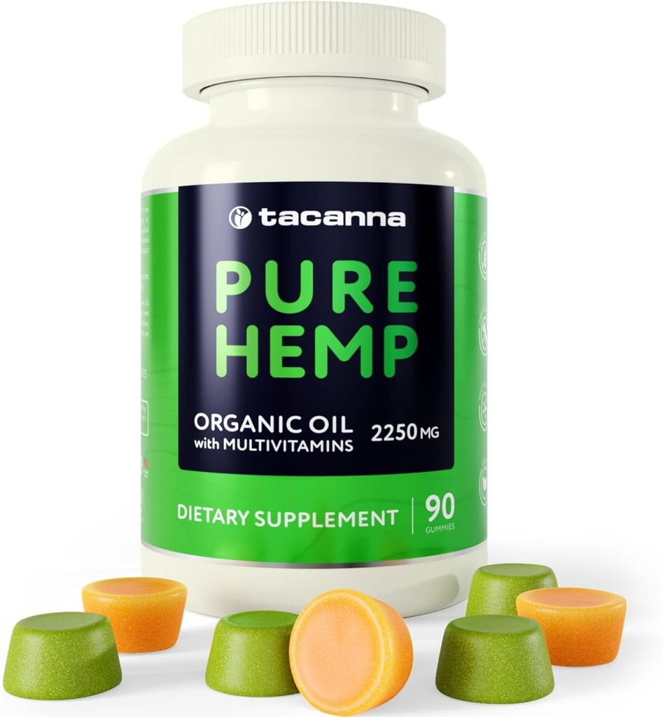 Gommies de chanvre TACANNA - Gommies d'huile pour adultes avec des vitamines C, B3, B6, B12, Biotine, B5 & Zinc pour mieux dormir et calme - Supplément de bonbons de chanvre avec multivitamines et Omega 3, 6, 9-90 Compte