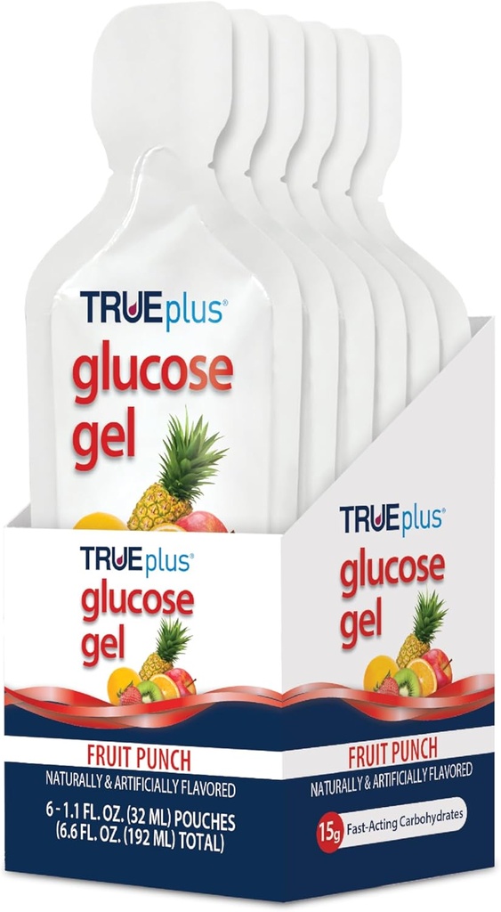 TRUEplus Glucose Gel Pouch, Fruit Punch Flavor, 15g à action rapide glucides, sans gras, sans gluten, support rapide pour faible sucre de sang et énergie, 6 pack