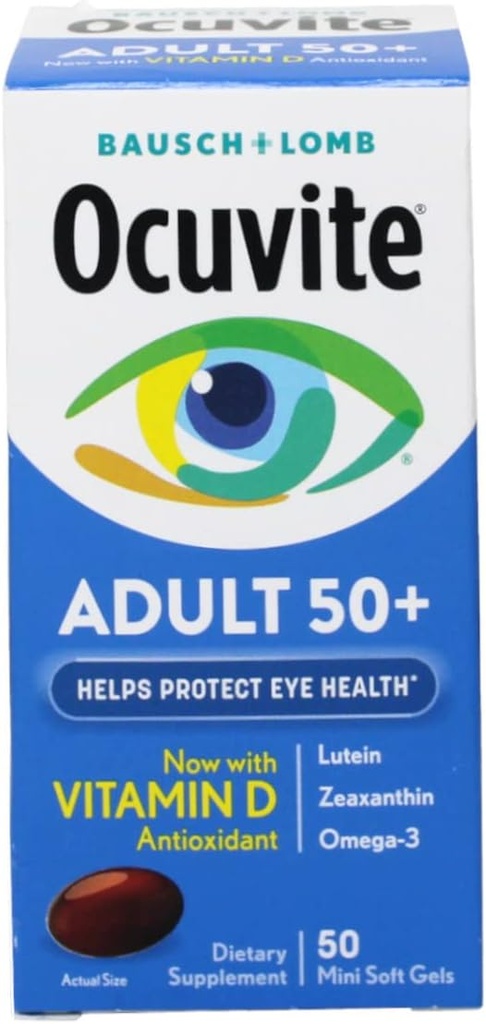 Ocuvite adulte 50+ Vitamines oculaires et suppléments minéraux avec lutéine, zéaxanthine et oméga-3, 50 Nombre (paquet de 10)