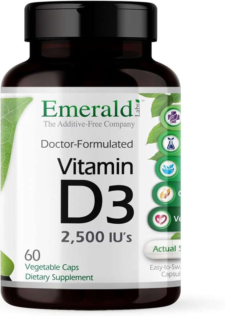 EMERALD LABS Vitamine D3 2 500 UI - Soutient la santé des os, des dents, des muscles, du coeur et des immunes - Supplément alimentaire Premium - 60 capsules végétales (approvisionnement de 60 jours)