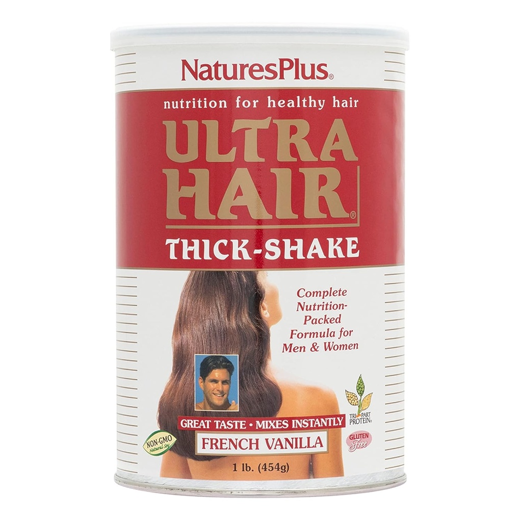 Natures Plus Épaisseur de cheveux ultra - 1 lb, Secouée de protéines capillaires - Vanille française - Supplément de croissance des cheveux sains avec vitamines et minéraux - Non-OGM, sans gluten - 16 portions