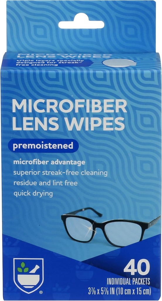Aid Rite Eye Care Wipes Microfibre Lens, Prémoussé, Paquets emballés individuellement - 40 Count.