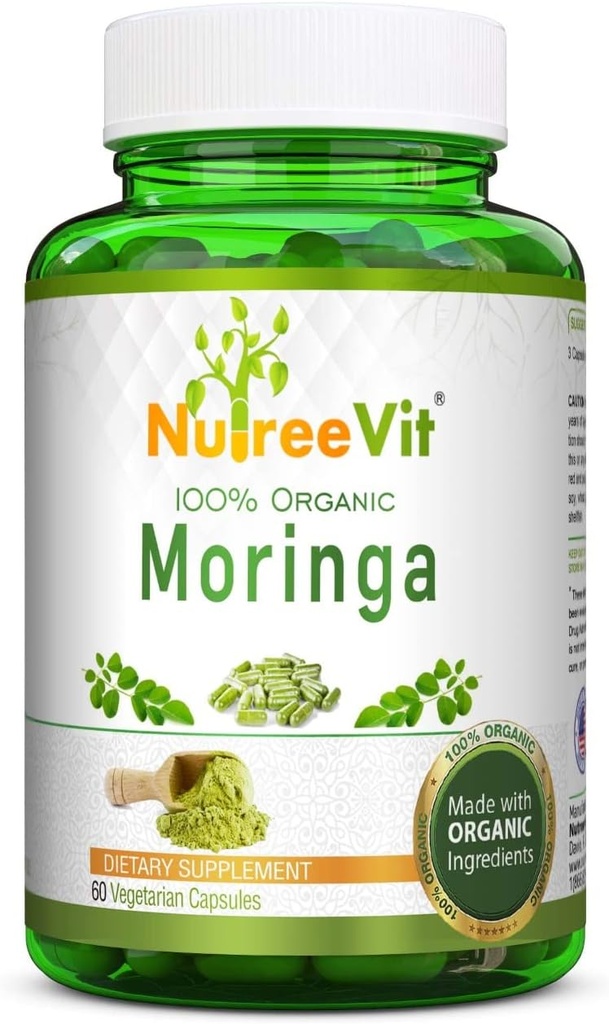 NutreeVit Capsules 100% Moringa Organiques - 60 Bouteilles de Compte