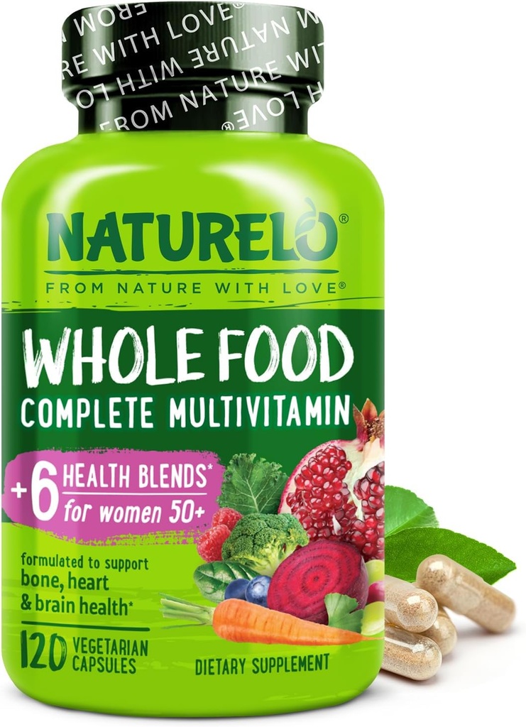 NATURELO Whole Food Multivitamin for Women 50+ (Iron Free) with Vitamins, Minerals, & Organic Extracts - Supplement for Post Menopausal Women Over 50 - No GMO - 120 Vegan Capsules