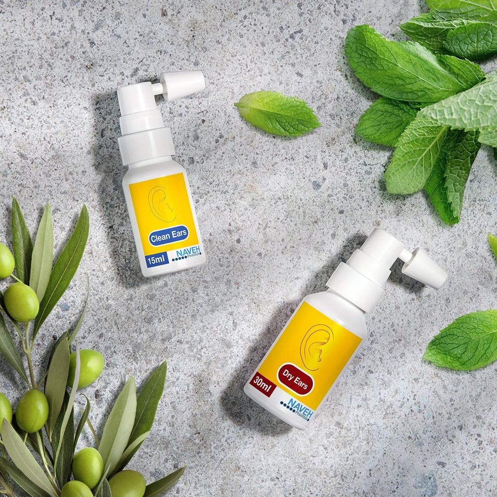 Vaporisateur d'enlèvement d'oreilles PHARMA CleanEars NAVEH (0,5 Fl Oz) + Vaporisateur d'oreilles sèches PHARMA NAVEH (1 Fl Oz)