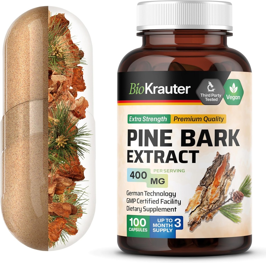 BIO KRAUTER Capsules d'extrait d'écorce de pin 400 mg - 100 Compte - Supplément antioxydant - 95% Proanthocyanidines - Supplément d'écorce de pin - Vegan, Pas de remplissage