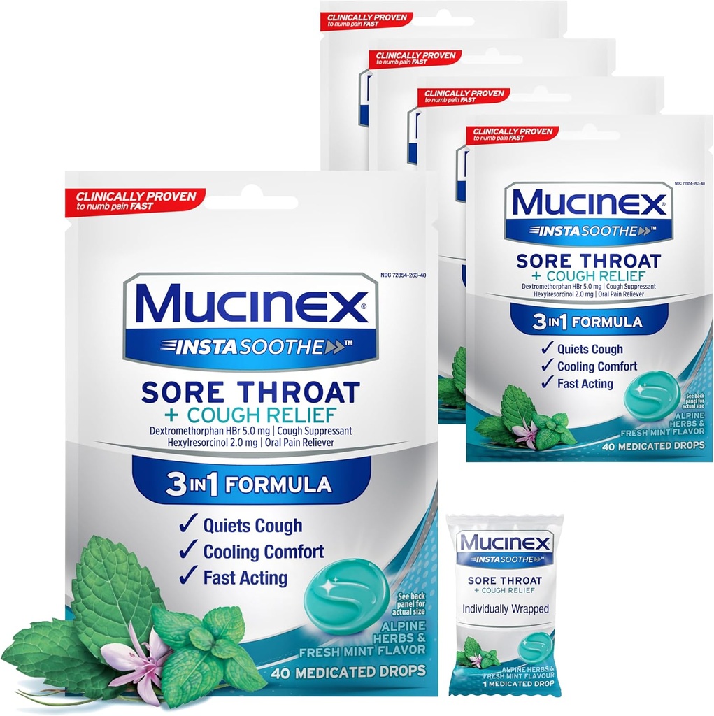 Mucinex InstaSoothe Gorge douloureuse + Relief de la toux Herbes alpines & Arôme de la menthe, Action rapide, Refroidissement Confort, Gorge douloureuse puissante Gorge orale soulagement, 40 gouttes médicamentées (40 Compte (paquet de 5)