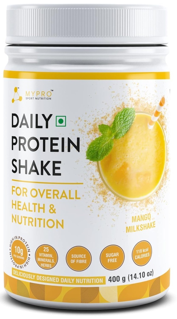 Générique QURA Secouer les protéines quotidiennes 118 kcal Calories,25 Vitamine, Minéraux et 7 herbes, Fournissez de l'énergie,Support Immunity & os Health-For Men & Women Mango Milk Shake Flavor -400Gm-40 Servants