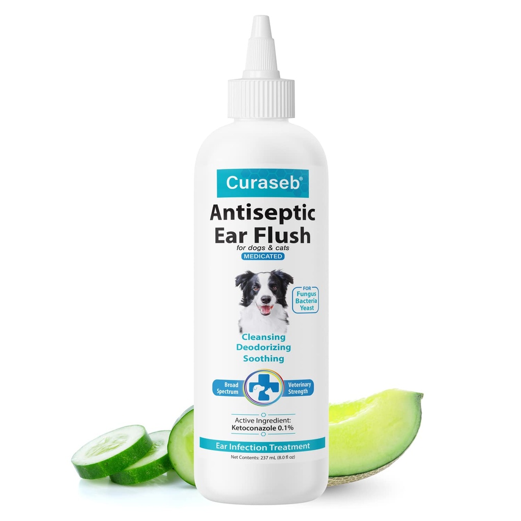 Solution de traitement de l'infection à l'oreille des chiens de Curaseb – Apaisant les démangeaisons et les oreilles enflammées – Nettoie les débris et le buildup - 8oz