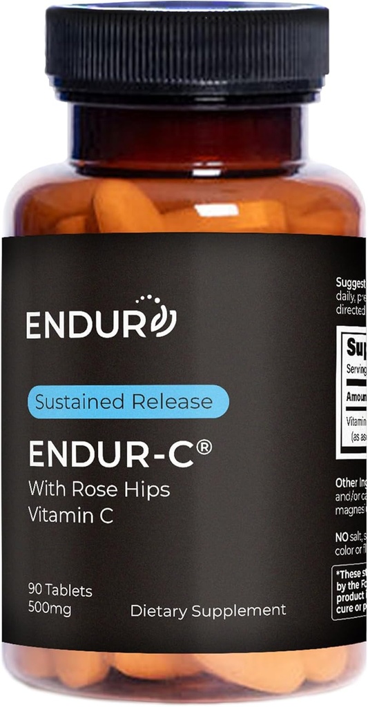 Endur ENDUR-C Vitamine C avec HIPS Rose, soutient la production de collagène, la protection antioxydante et la digestion douce, sans gluten, 500mg (90 comprimés)