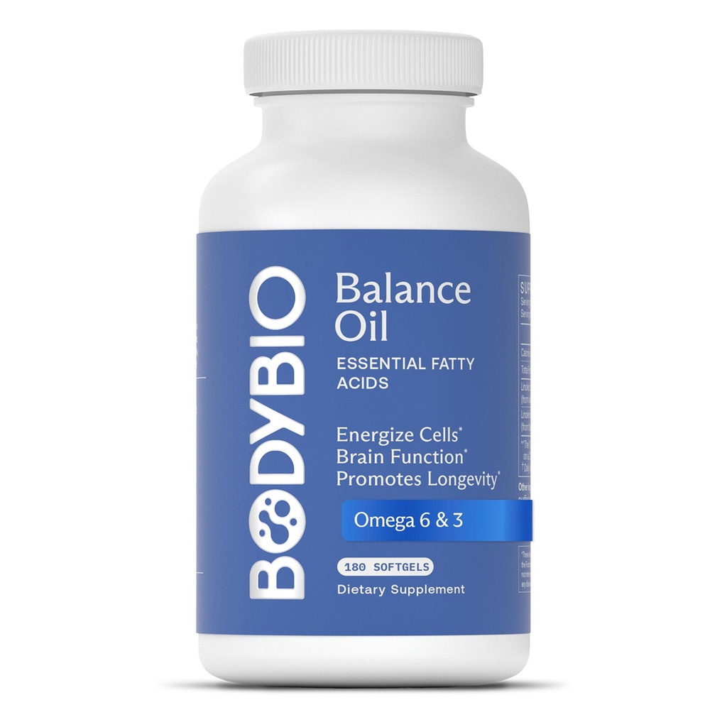 BodyBio Balance Oil - Vegan Omega 3 6 Supplément – Huile de carthame et de lin pressés à froid – soutient la fonction cérébrale, la peau saine et l'humeur