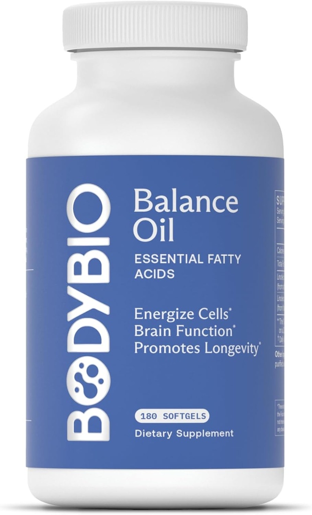 BodyBio Balance Oil - Vegan Omega 3 6 Supplément – Huile de carthame et de lin pressés à froid – soutient la fonction cérébrale, la peau saine et l'humeur