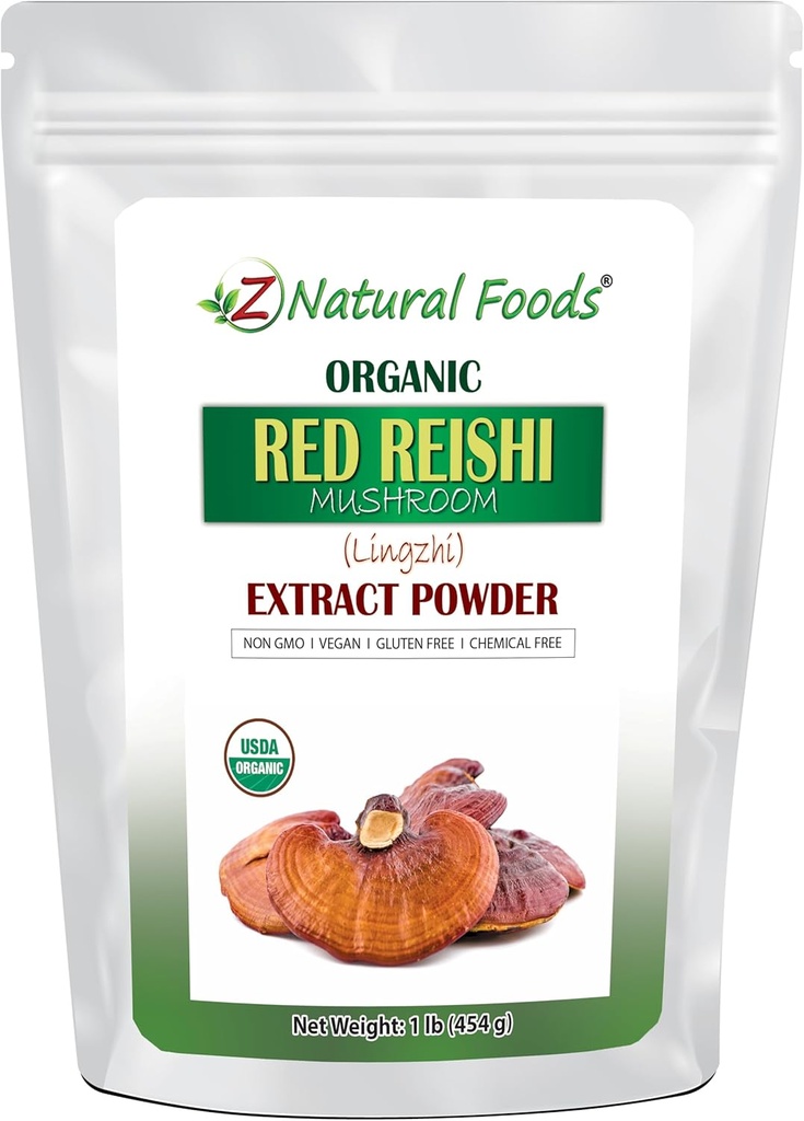 Z Natural Foods Bio Reishi Mushroom Extract Poudre - Poids 1 lb - Extrait Premium Concentré pour soutenir la santé immunitaire, énergisez votre matin en l'ajoutant au café et au thé