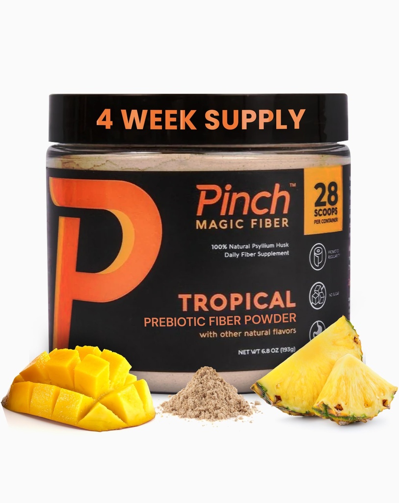 Poudre de fibre sans sucre magique de Pinch – Psyllium léger à saveur tropicale avec bromélaine et vitamines C & D – végétalien, sans gluten, étiquette propre, fabriqué aux États-Unis, certifié GMP – 28 jours d'approvisionnement