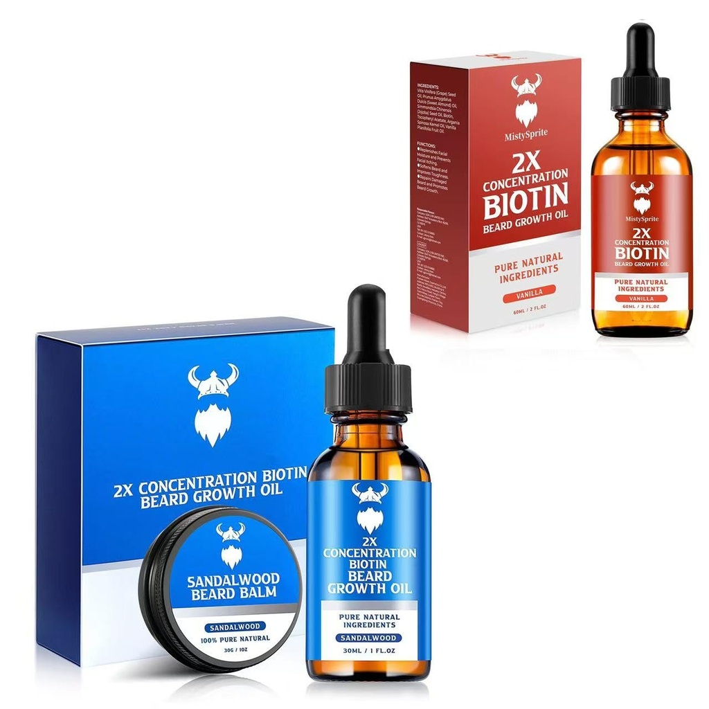 Kit de croissance de la barbe de santal avec 2X Biotine pour les hommes et l'huile de croissance de la barbe de vanille, ingrédients naturels et épaississements