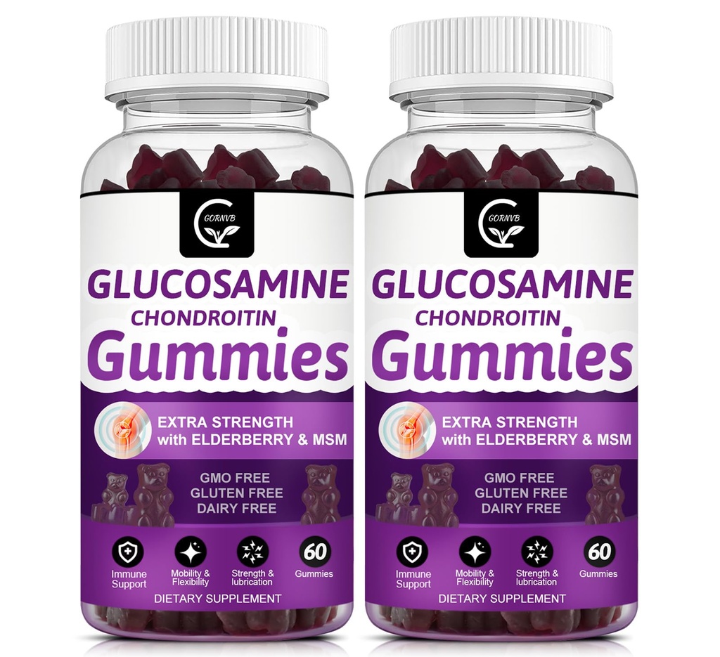 GORNVB Glucosamine Chondritine Gommies avec MSM & Elderberry Extra Strength - Soutien de flexibilité, Supplément de soutien immunitaire antioxydant pour adultes, hommes et femmes - 60 Chondritine Gommies (2 Pack)