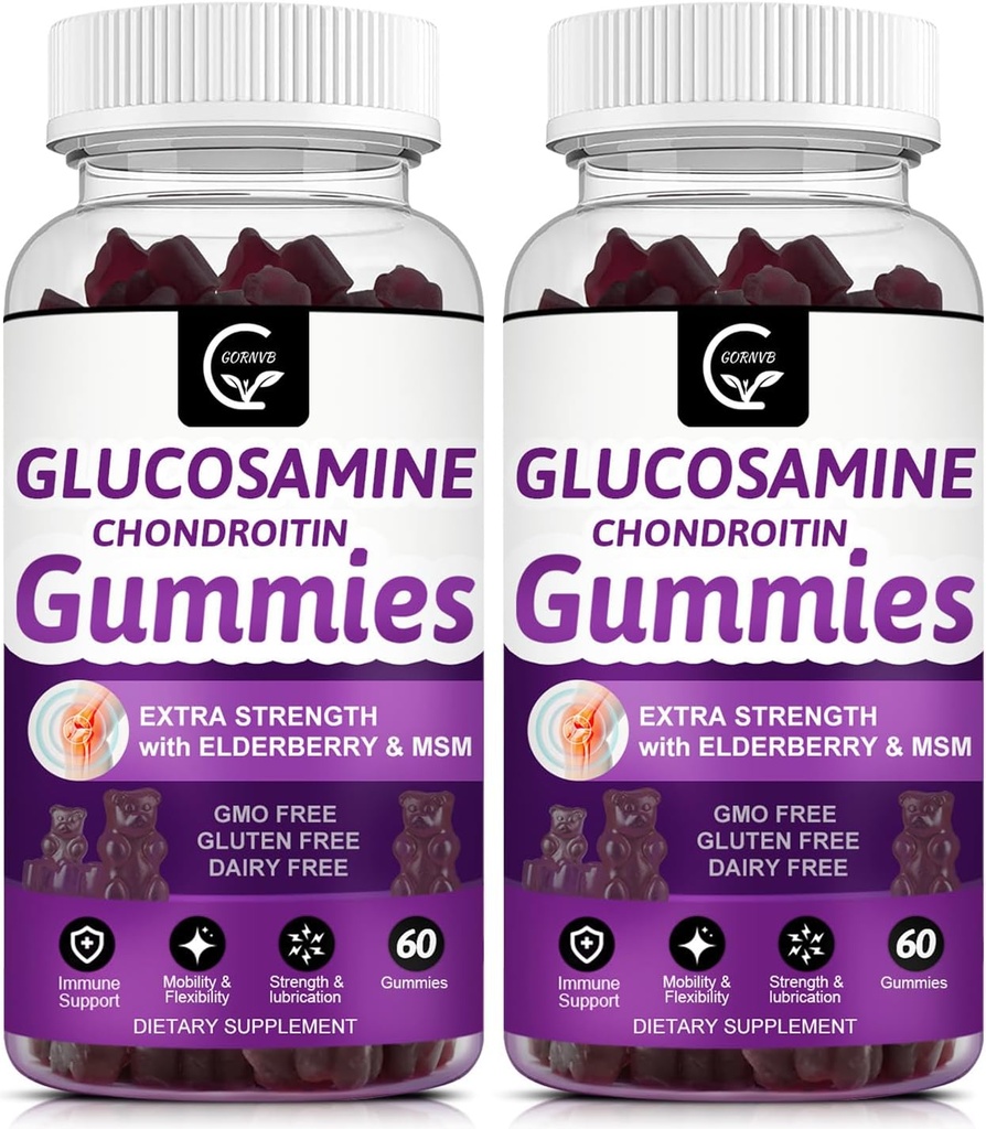Glucosamine Chondroïtine Gommies avec MSM & Elderberry Extra Strength - Soutien de flexibilité, Supplément de soutien immunitaire antioxydant pour adultes, hommes et femmes - 60 Chondroïtine Gommies (2 Pack)