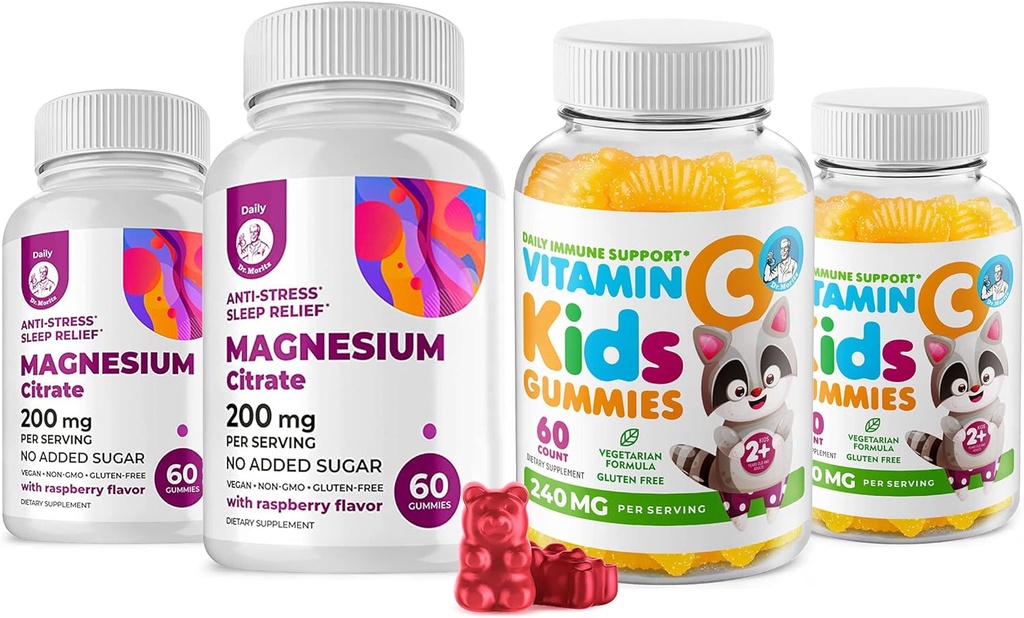 Vitamine C Gummies 120 nombre pour les enfants et les adultes 240 mg et Magnésium 200 mg Gummies - Immune Support à faible teneur en sucre Vitamines gommy à croquer pour les enfants et les adultes sans sucre