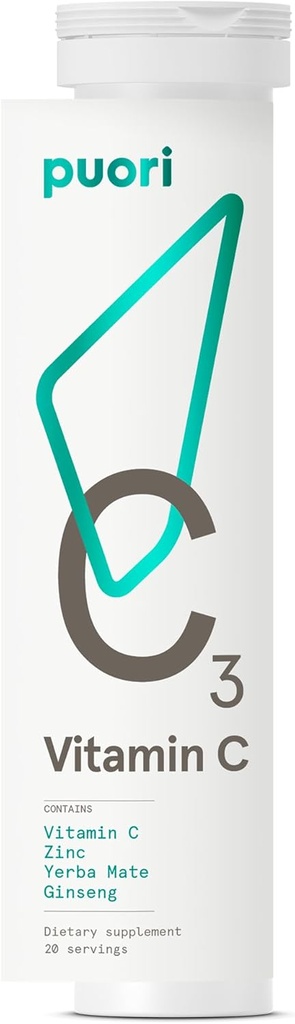 Puori C3 Supplément de vitamine C pour le soutien immunitaire et antioxydant - 20 portions - Vitamine C, Zinc, Yerba Mate, Ginseng aide à combattre la fatigue et la fonction cognitive