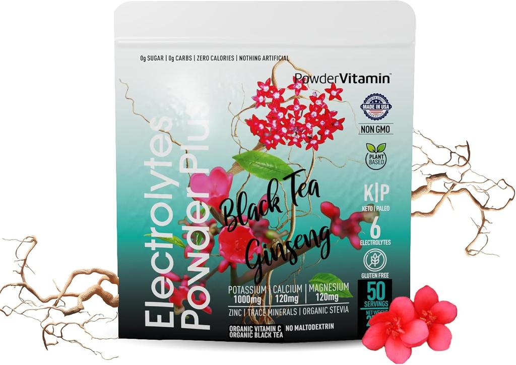 PowderVitamin Electrolytes Powder Plus (50 Servings) Black Tea Ginseng Electrolyte Powder Keto, Sugar Free, Pink Himalayan Salt,1000mg Potassium,120mg Calcium,120mg Magnesium, Hydration Powder