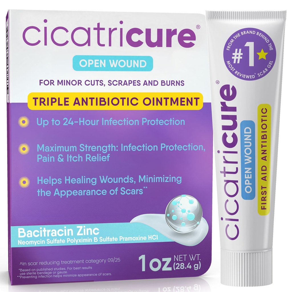Cicatricure Onguent triple antibiotique avec soulagement de la douleur, onguent antibiotique bacitracine et crème pour le soin des plaies, onguent de guérison pour les coupures, brûlures, piqûres d'insectes, fournitures de premiers soins essentielles, 1 oz