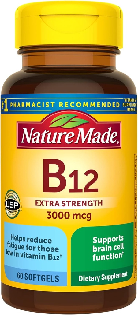 Nature Made Extra Strength Vitamine B12 3000 mcg, Supplément diététique pour le métabolisme énergétique, 60 Softgels, 60 jours d'approvisionnement