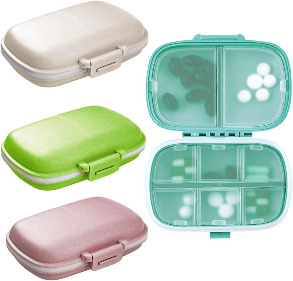 Organisateur de pilules de voyage 4PCS, 8 compartiments Cas de pilule portable, petite boîte à pilules pour la purée de poche récipient de vitamine portable (Green+Blue+Pink+Beige)