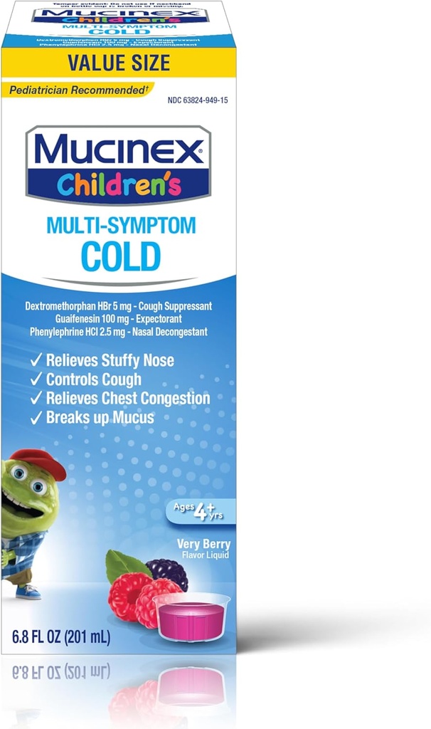 Mucinex Cough Suppresent Congestion thoracique et soulagement du nez étouffant pour enfants Multisymptôme liquide froid, très berry, 6,8 Fl Oz (paquet de 1)