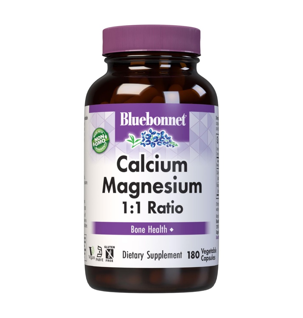 BlueBonnet Calcium Magnésium 1:1 Rapport Capsules végétariennes, 180 Nombre, Blanc