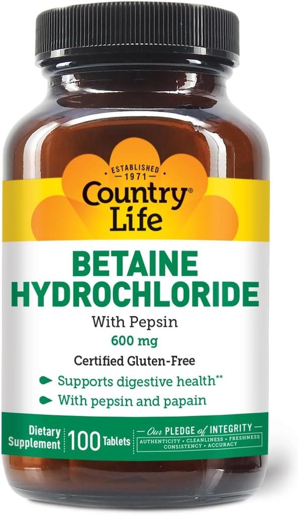 Hydrochlorure de bétaïne à base de pepsine, 600mg, 100 comprimés, sans gluten certifié