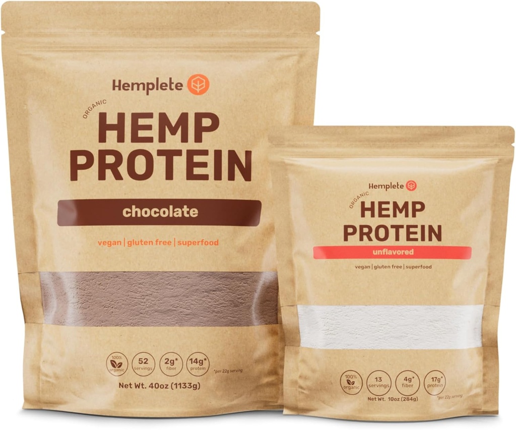 Poudre de protéines véganes de chanvre pour la santé du coeur et du cerveau, Protéines végétales faciles à digérer pour la construction et la récupération musculaires, 9 acides aminés essentiels, (chocolat40oz et non aromatisé10oz)