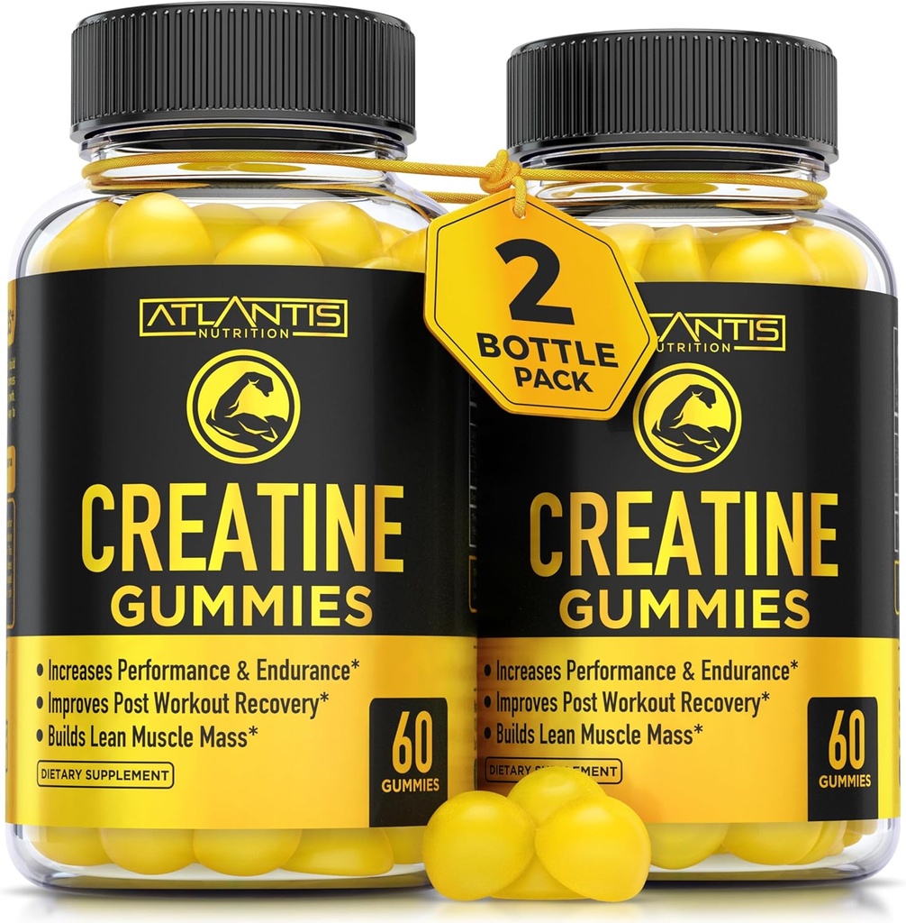 Atlantis Nutrition Monohydrate de créatine Gummies for Strength & Athletic Performance - 5g de créatine par service - construire des muscles, stimuler les performances et l'endurance et améliorer la récupération après entraînement - 120 Comte