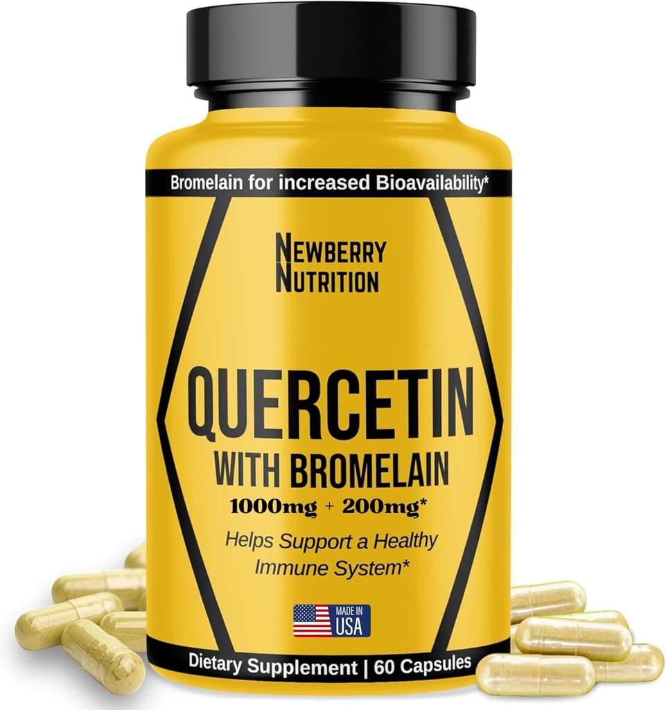 Quercetin avec supplément de bromelain 1200mg, Quercetin 500mg Capsules, aide à soutenir l'immunité saine, Potent Antioxydant, 60 Compte