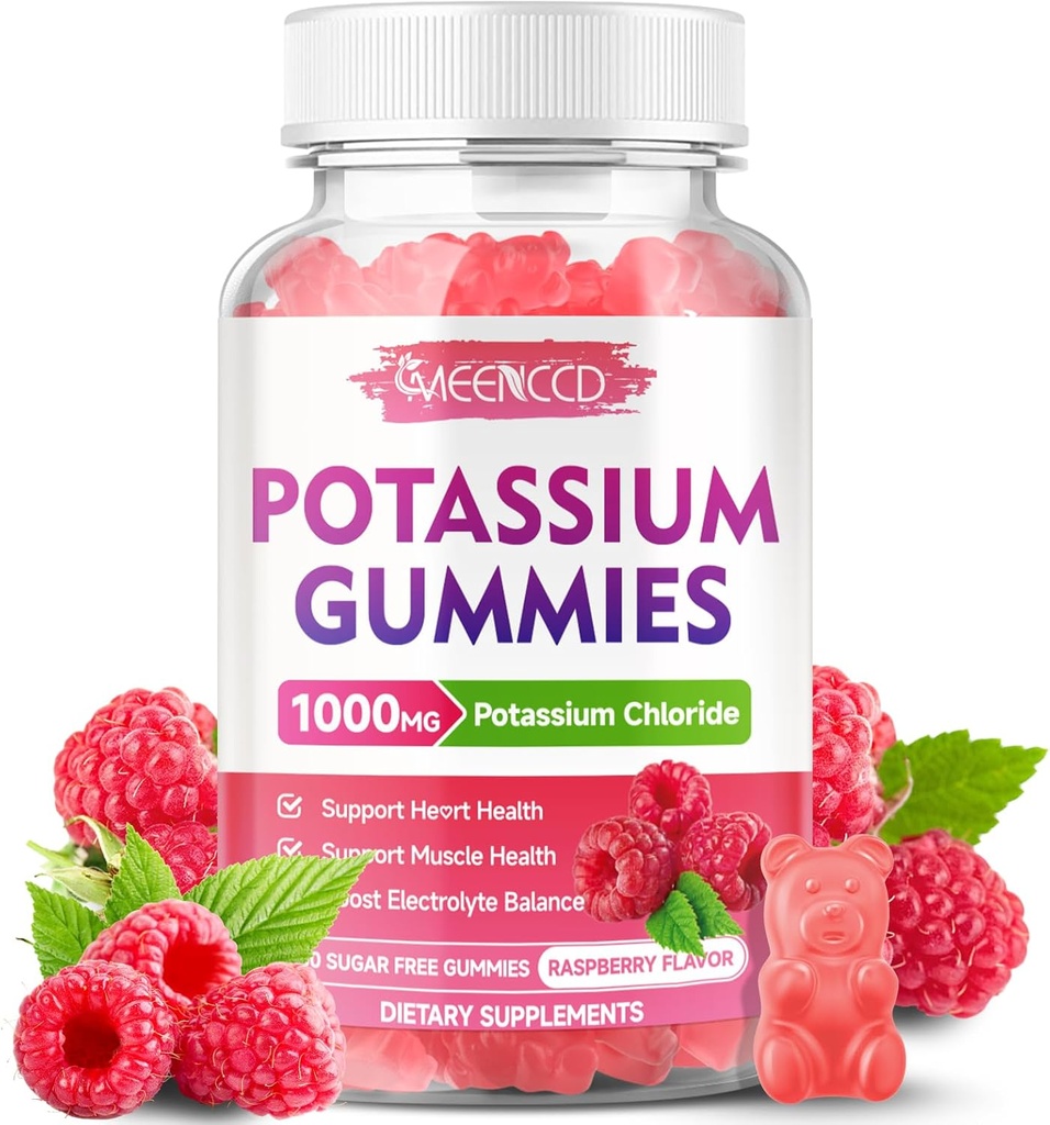 Gommies de potassium, Chlorure de potassium 1000mg pour les adultes, Supplément de potassium sans sucre Gommies de soutien Électrolyte Balance & Crampes de jambes pour les femmes et les hommes, Flaveur de framboises, 60 comte
