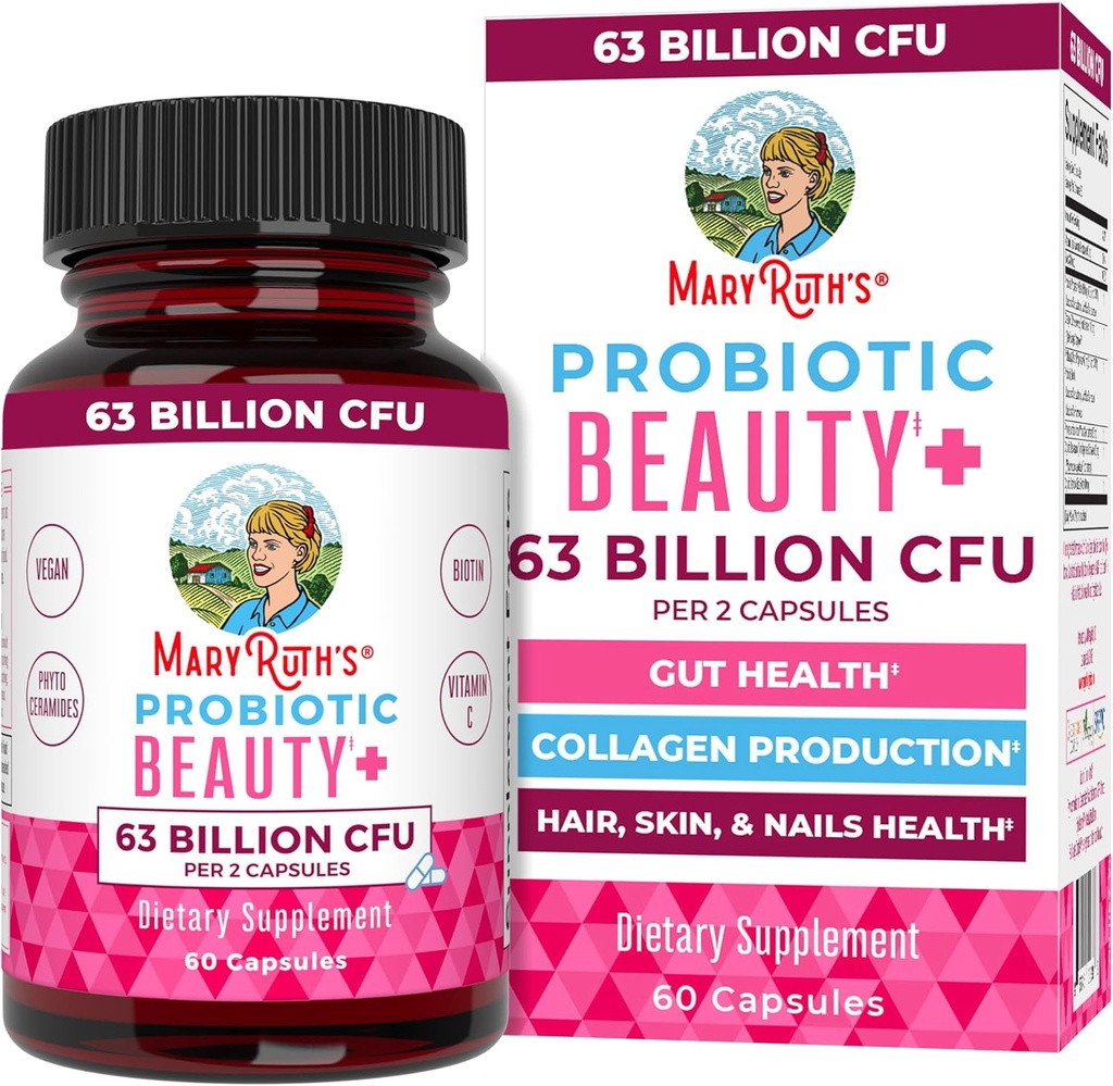 MaryRuth Organics Probiotic Beauty Capsules Support du collagène végétalisé Anti-vieillissement , Santé Gut , Peau et ongles Vitamines Soins de la peau , Biotin , Projet non-OGM Vérifié , 60 Compte