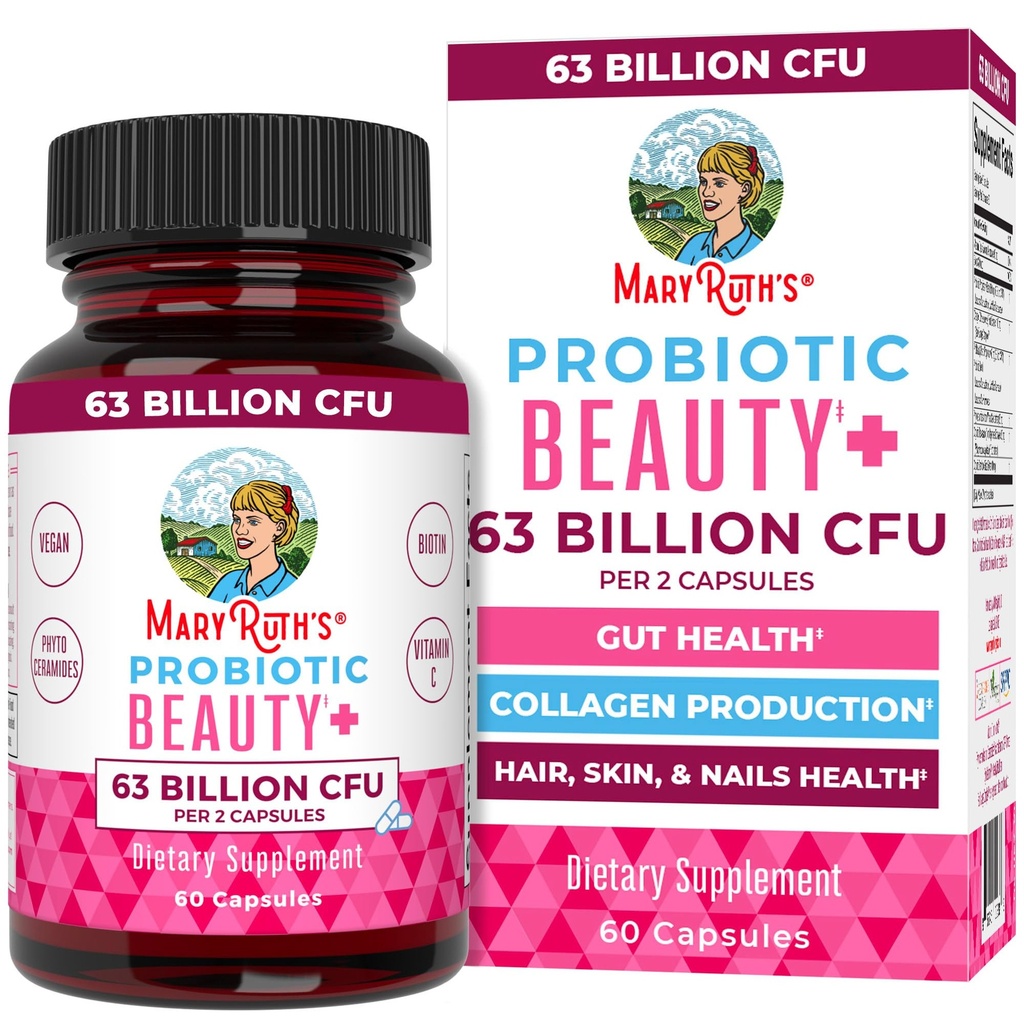 MaryRuth Organics Probiotic Beauty Capsules Support du collagène végétalisé Anti-vieillissement , Santé Gut , Peau et ongles Vitamines Soins de la peau , Biotin , Projet non-OGM Vérifié , 60 Compte