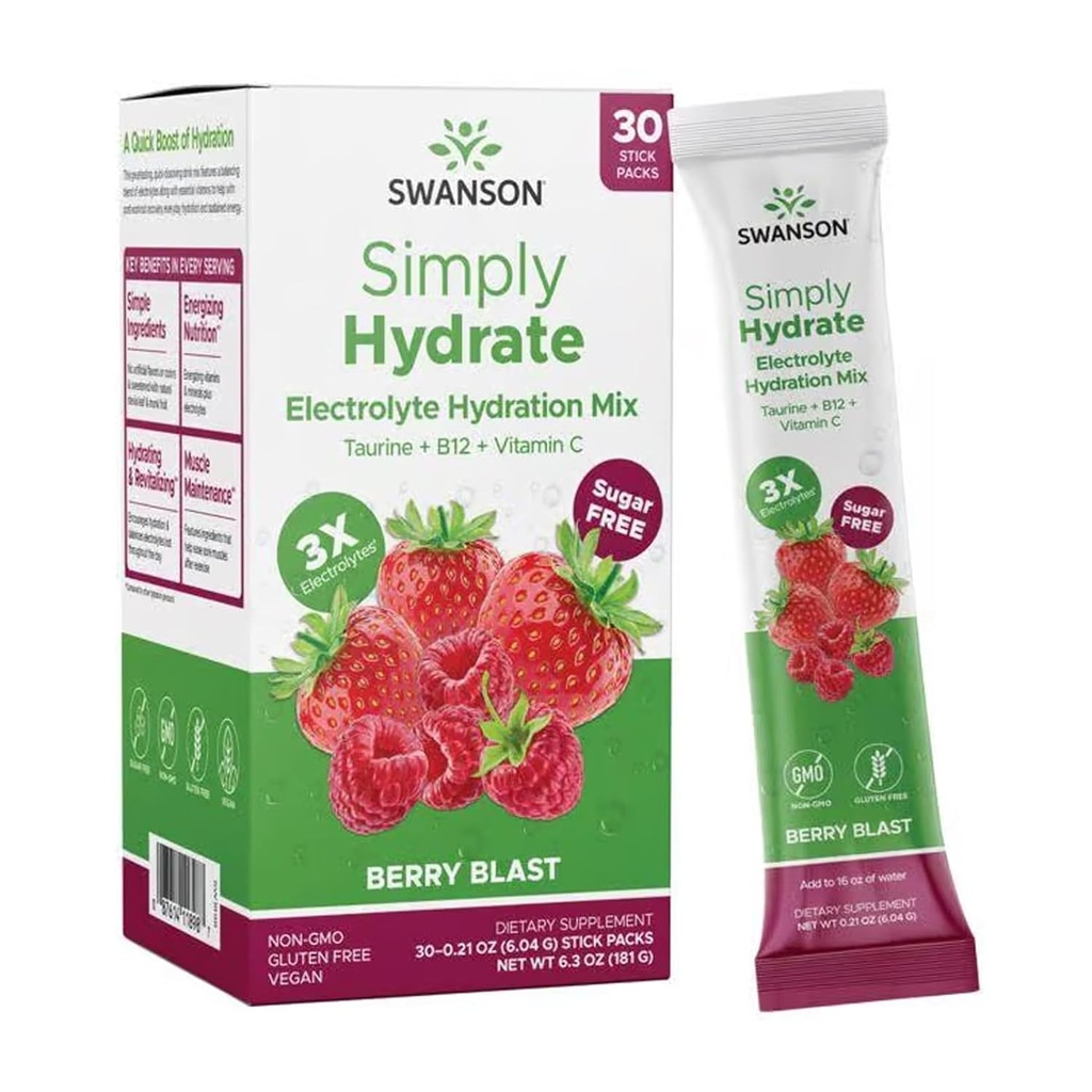 Swanson Simply Hydrate Mélange de poudre d'électrolyte - Mélange de boisson sans sucre avec 0 calories - Poudre d'hydratation pratique sur le trajet - Mélange de boisson d'électrolyte avancé - Blast Flavor Berry - 30 paquets