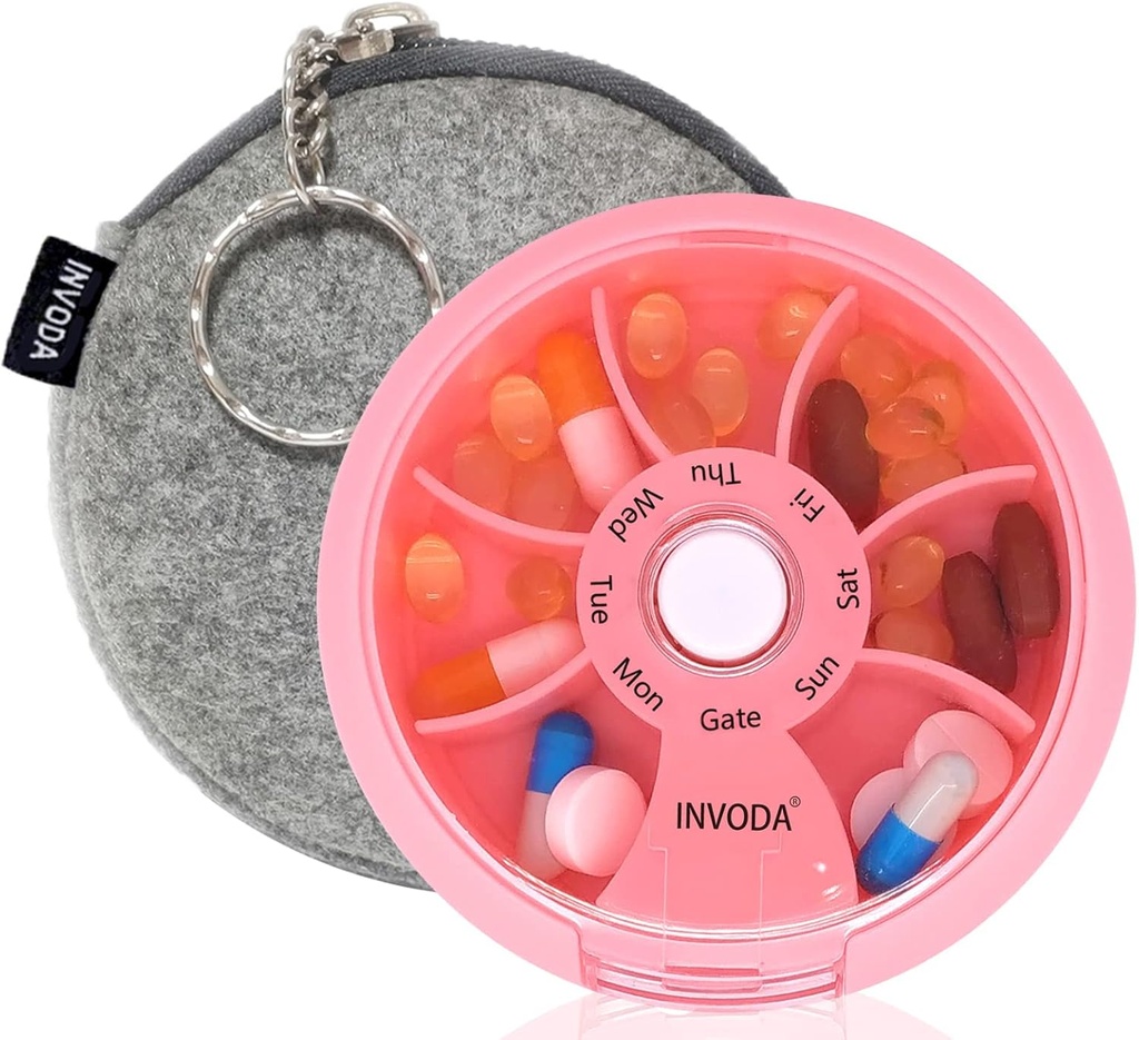 INVODA Weekly Pill Organizer 7 Compartiment Pill Box rotative pour les médicaments quotidiens et les vitamines - Portable Travel Pill Case Suppléments d'huile de poisson Organisateur de vitamines (Pink+Bag)