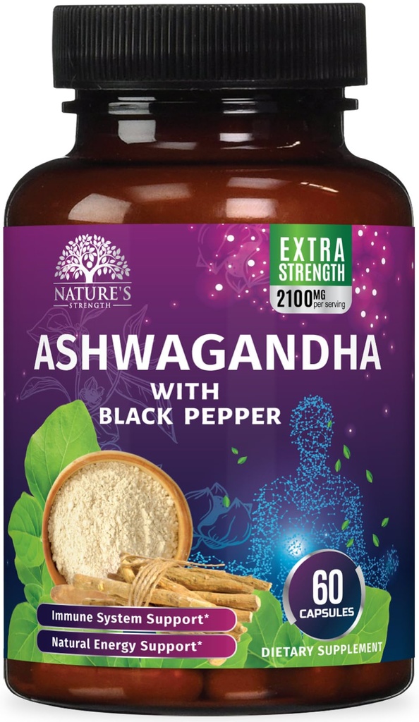 Ashwagandha Suppléments 2100mg - Extra Strength Ashwagandha poudre et extrait de racine avec poivre noir pour l'absorption maximale, suppléments antioxydants à base de plantes pour les femmes et les hommes, végétalien, non-OGM - 60 Capsules