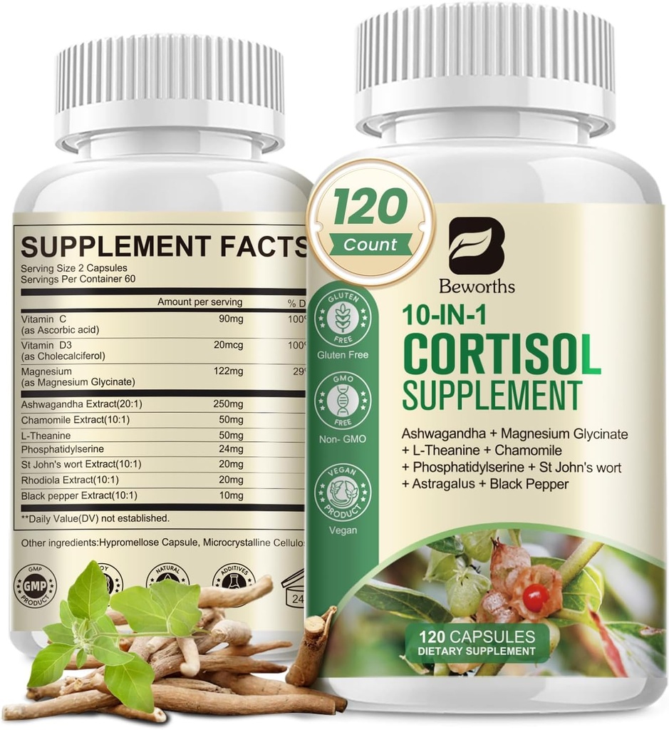 Suppléments de cortisol pour les femmes hommes, 10-en-1 Détox de cortisol avec Ashwagandha, Magnésium, L-Theanine, Niveaux équilibrés de cortisol, Soutien nocturne et calme, 120 Capsules Vegan