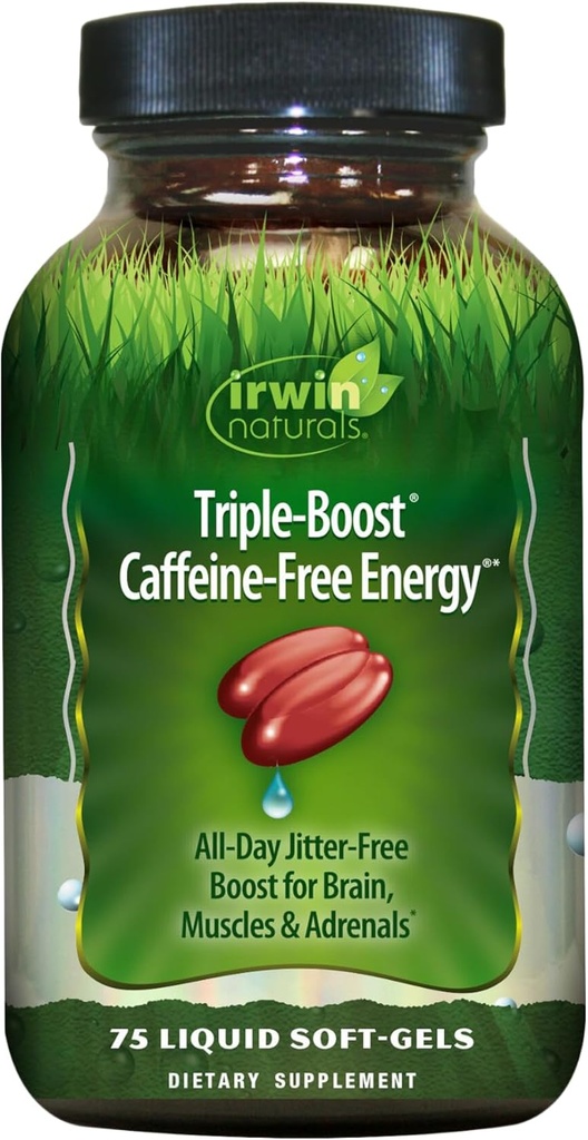 Irwin Naturals Énergie sans caféine triple-boost - Lasting, Jitter-Free Focus - Cerveau Boosting Nootropic - 75 Softgels liquides