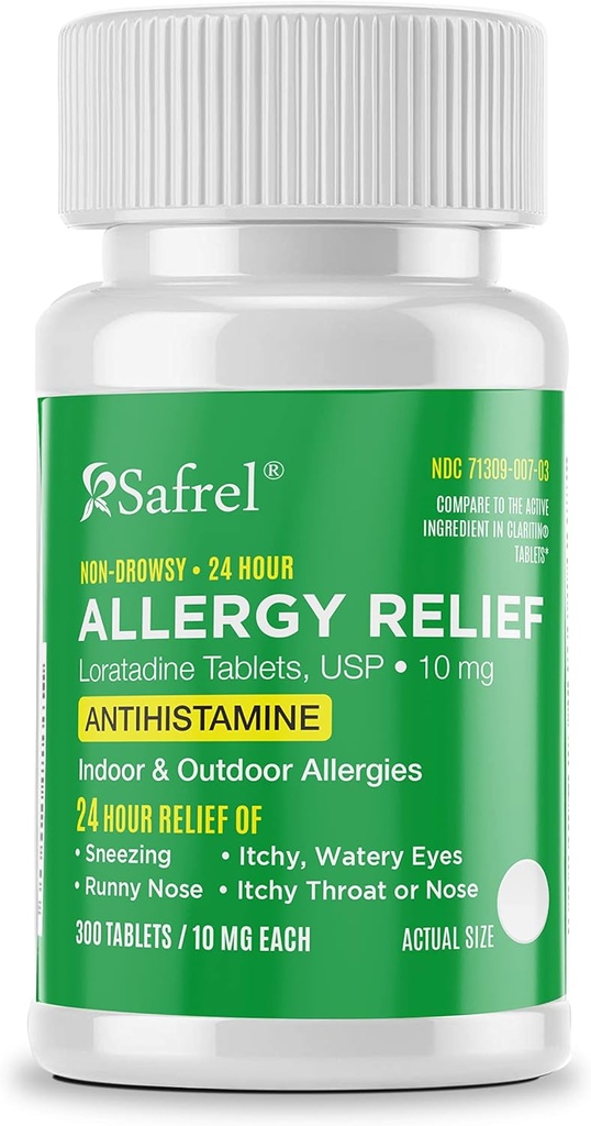 Safrel Allergie 10mg Comprimés de 24 heures anti-allergie non somnolente Antihistaminique Support pour le nez runny, éternuements, démangeaisons, yeux aqueux (300 Nombre (paquet de 1))