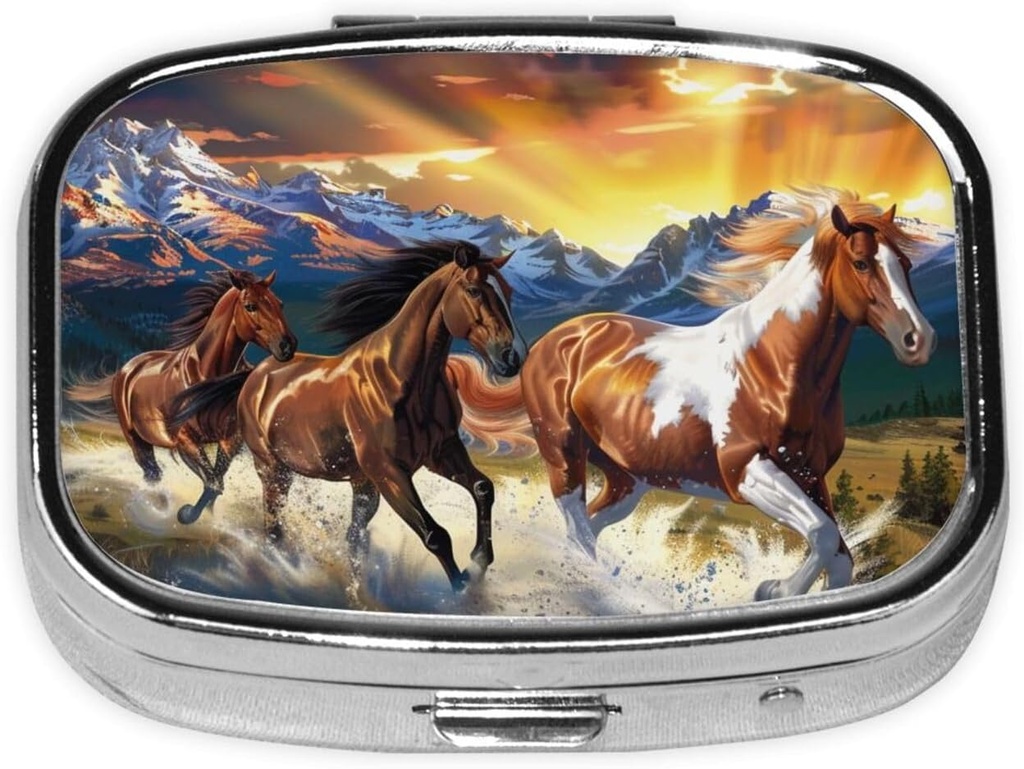Running Horses Printed Square Pill Organizer with 2 Compartments, Portable Mini Pill Box Pill Case for Medicine, Vitamin, Fish Oil, Supplements