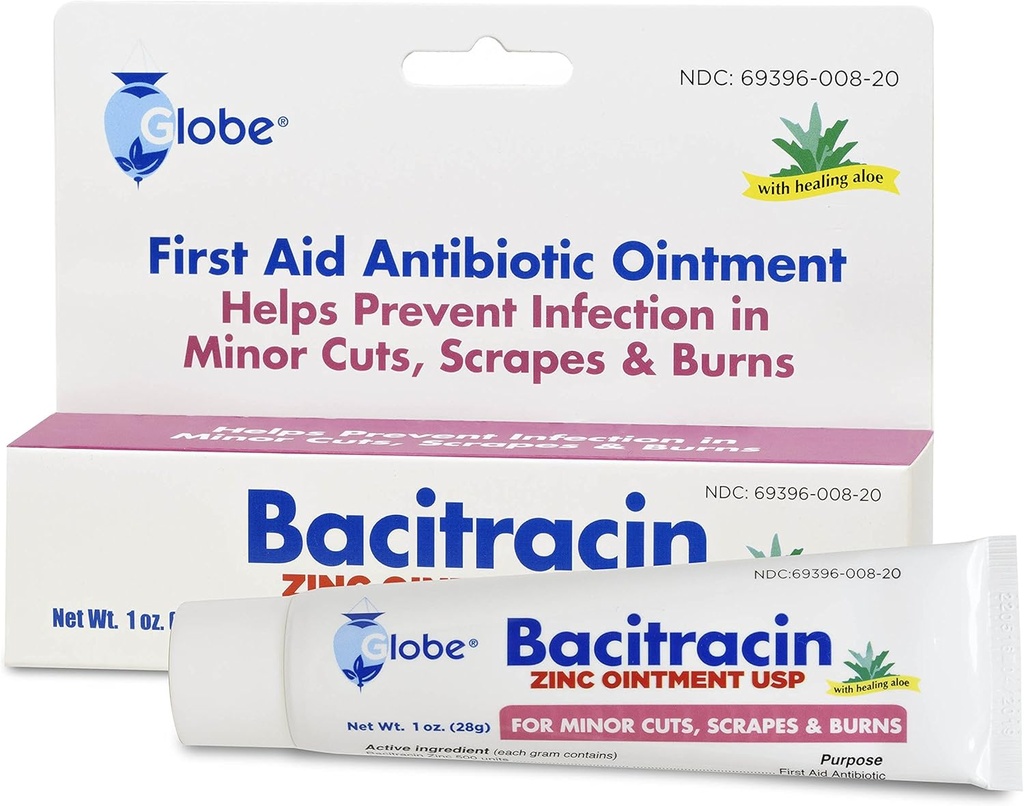 Globe Bacitracine Zinc 1 oz Tube, premiers soins Onguent antibiotique aide à prévenir l'infection dans les coupures, éraflures et brûlures mineures
